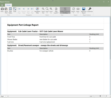 Equipment Part Linkage Report (Click to Enlarge)