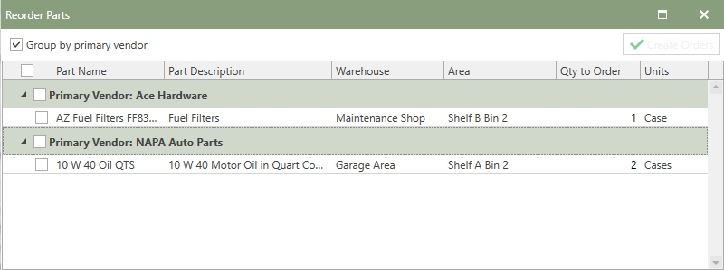 Reorder Parts Grouped by Vendor