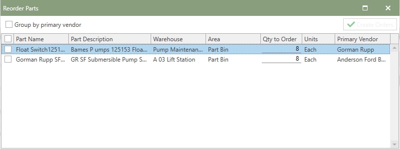 Reorder Parts Window