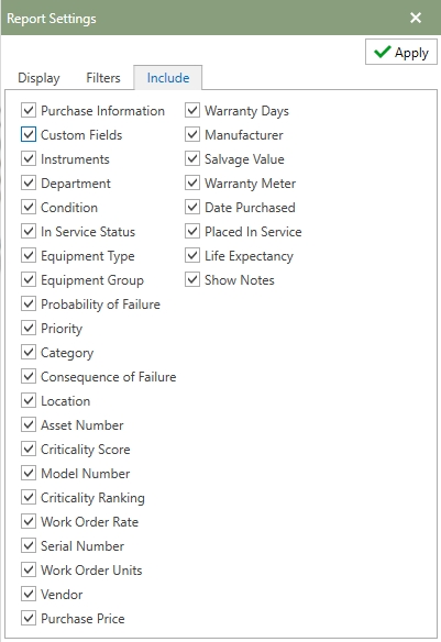 Report Include Options