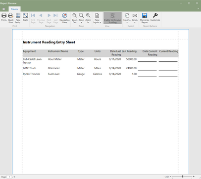 Instrument Reading Sheet (Click to Enlarge)