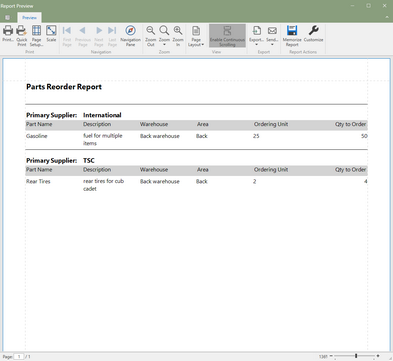 Parts Reorder Report (Click to Enlarge)