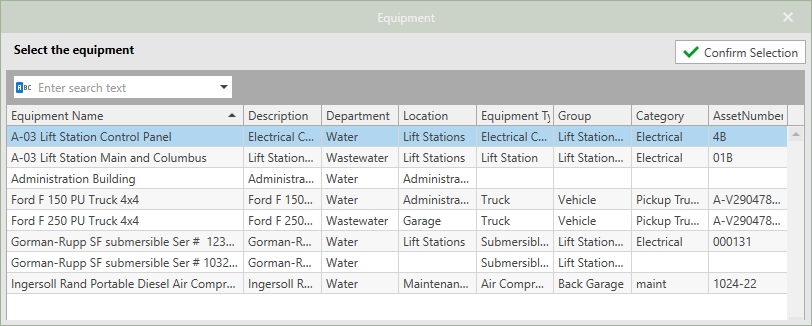 Example of the Equipment list in Requester